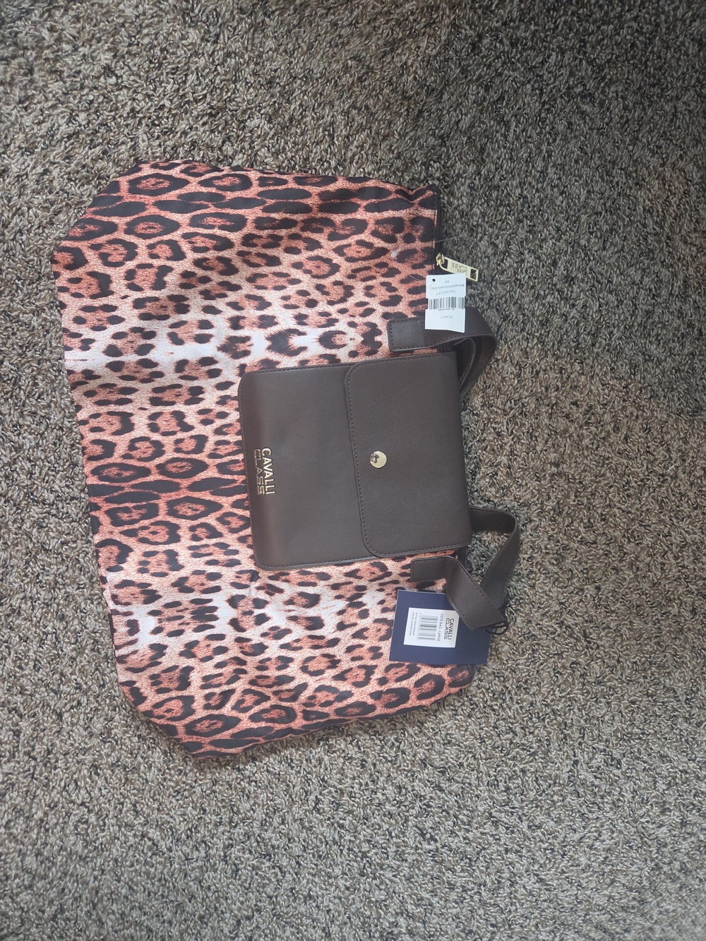 Cavalli Class Coral Leopard Tote with Brown  Pouch